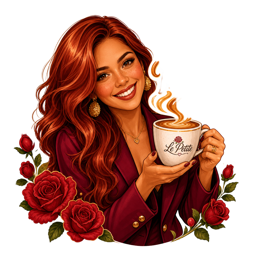 Mascota Le Petite con taza de café y rosas